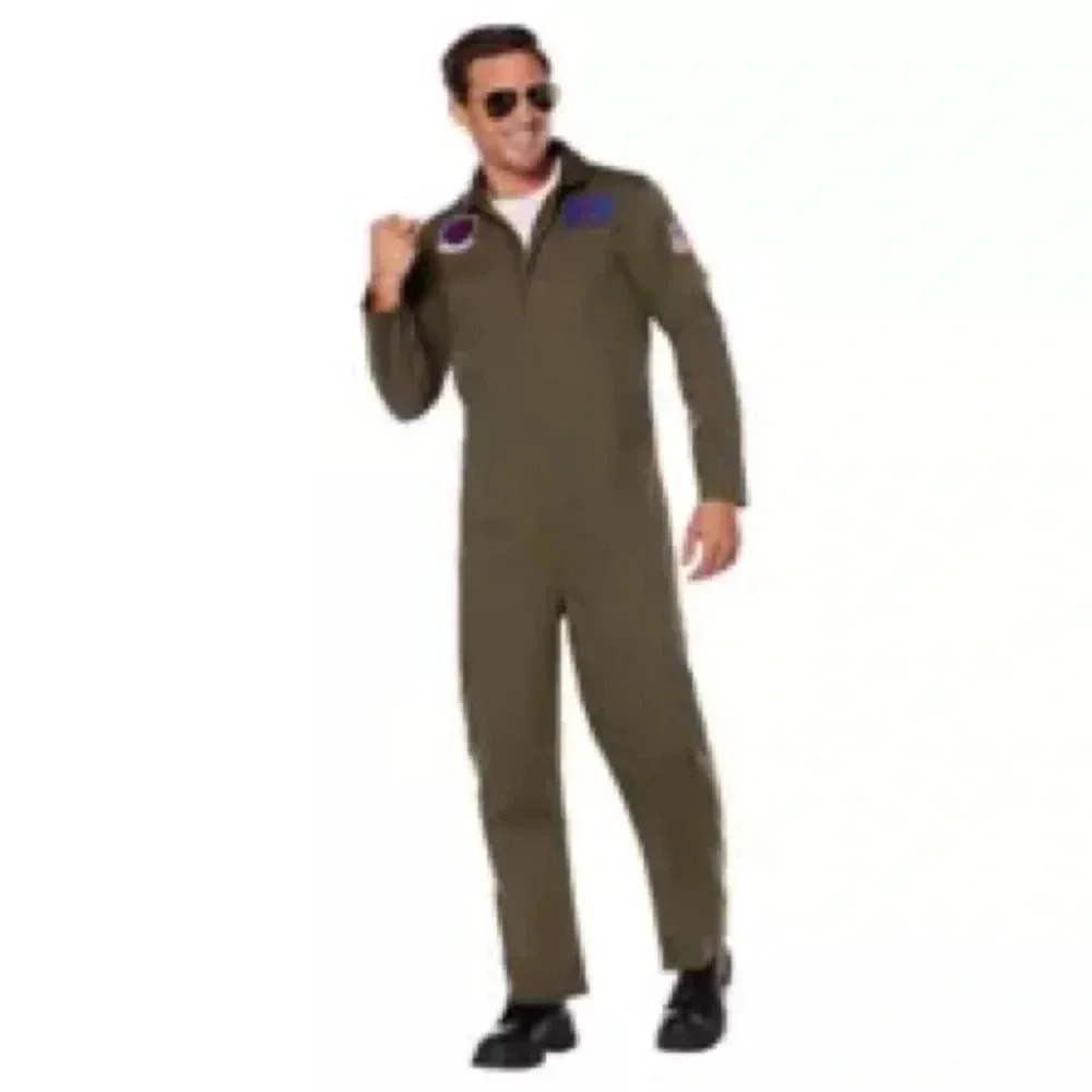 Spirit Men's Olive Green Flight Coverall Costume with Patch Details